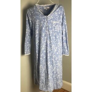 Eileen West Flannel Nightgown Size M Long Sleeve Floral Print Knee Length Blue